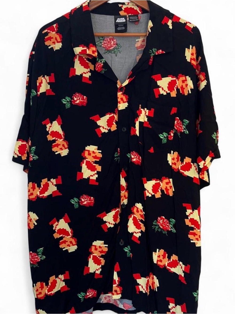 Super Mario Camp Shirt Mens XXXL
Black Pixel Mario Rayon Button Up Retro
